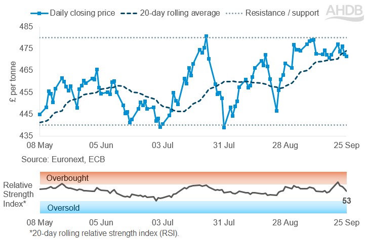 A graph showing Paris rapeseed futures prices in pound sterling